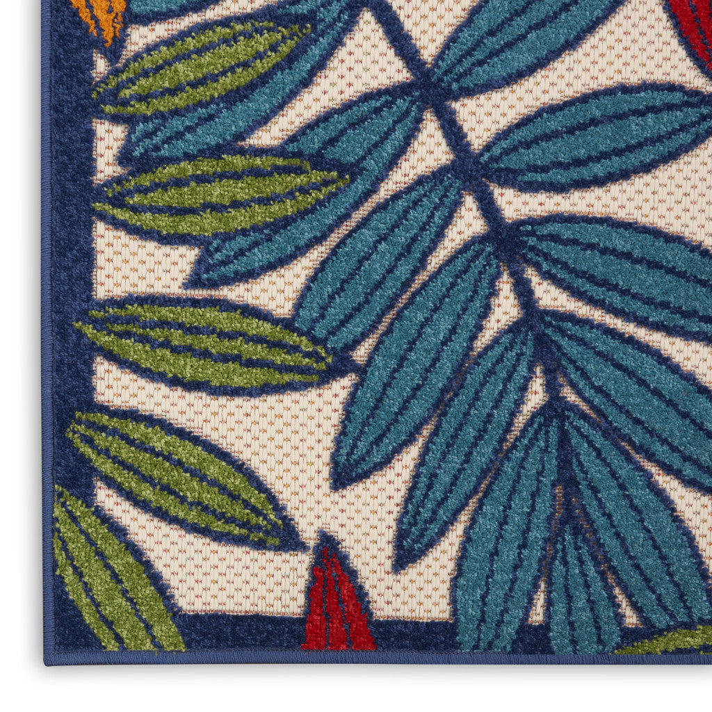 12' Ivory And Blue Floral Indoor Outdoor Runner Rug