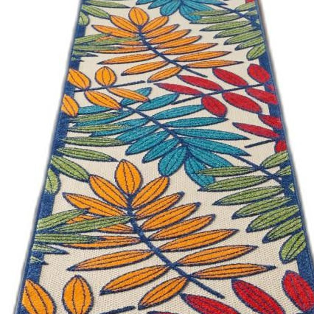 12' Ivory And Blue Floral Indoor Outdoor Runner Rug