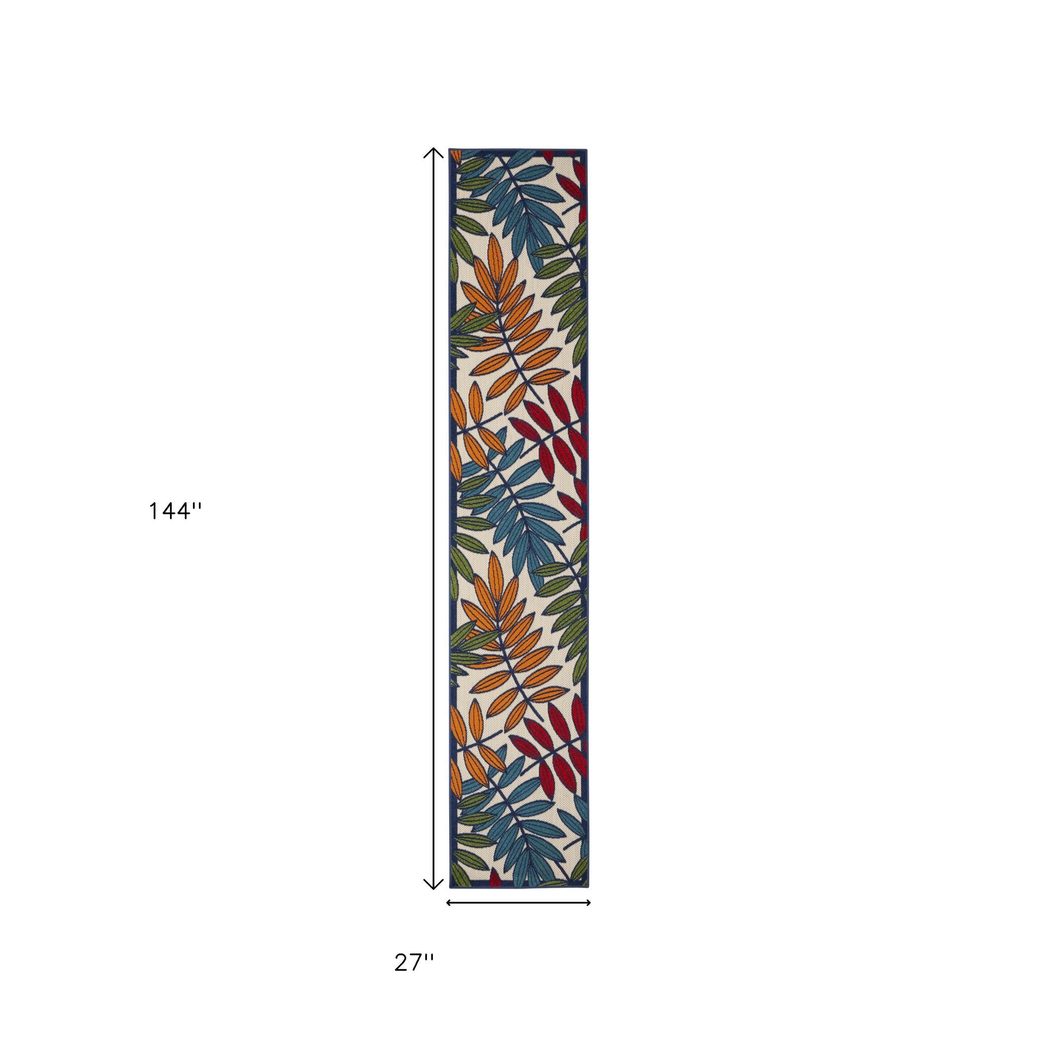 12' Ivory And Blue Floral Indoor Outdoor Runner Rug