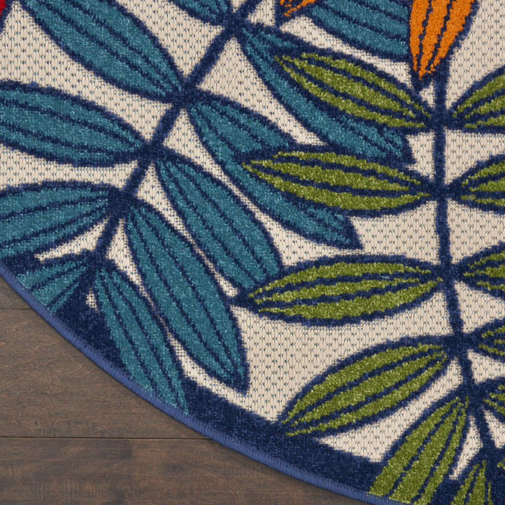 4' Ivory And Blue Round Floral Indoor Outdoor Area Rug