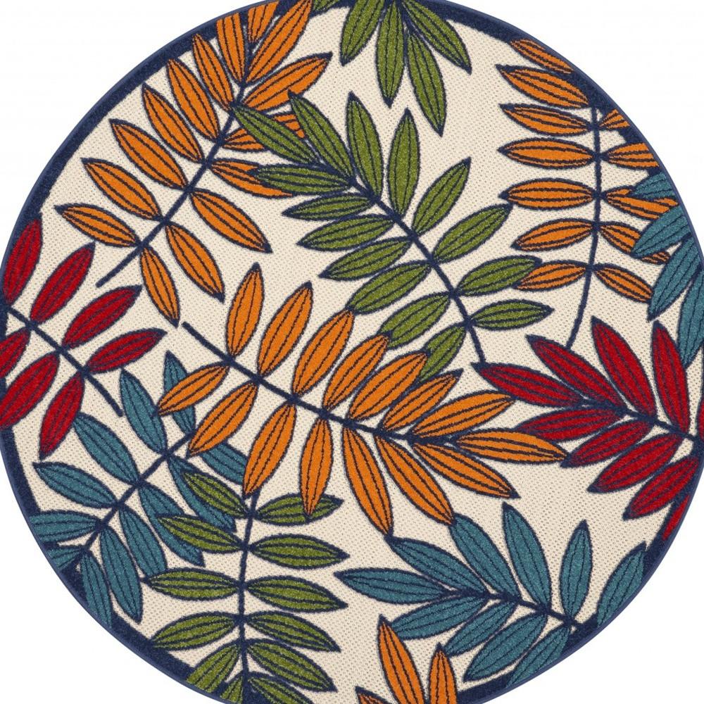 4' Ivory And Blue Round Floral Indoor Outdoor Area Rug