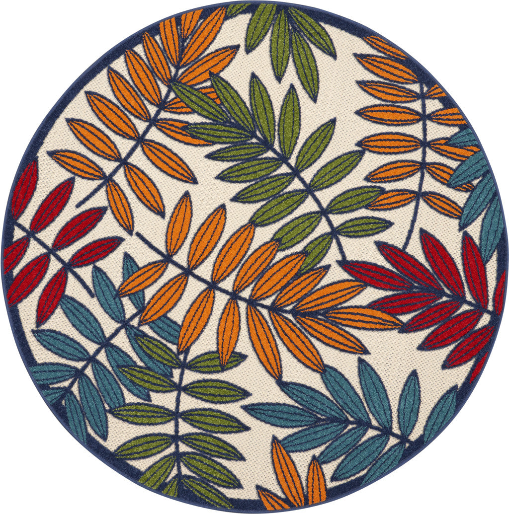 4' Ivory And Blue Round Floral Indoor Outdoor Area Rug