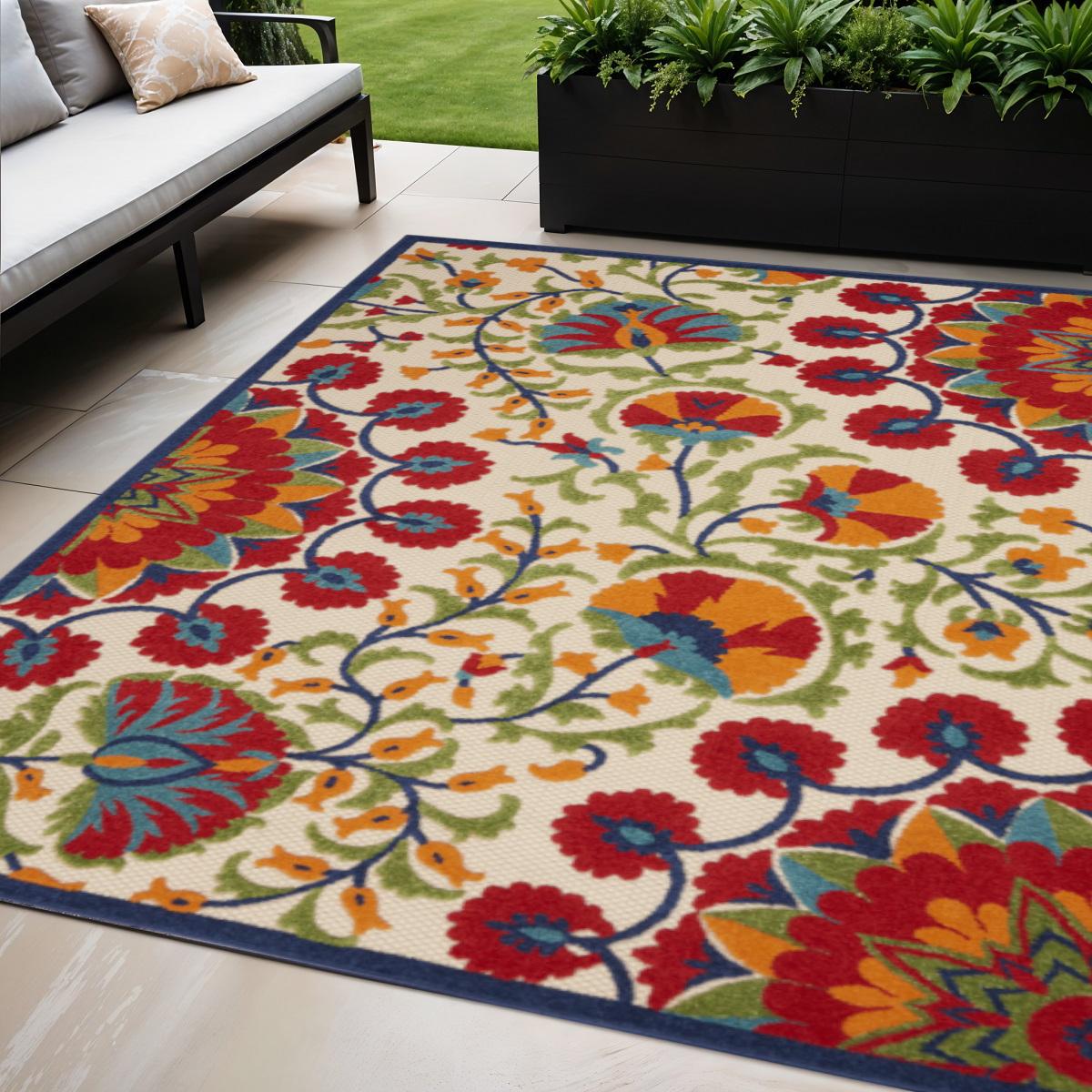 5' X 8' Red And Ivory Floral Indoor Outdoor Area Rug