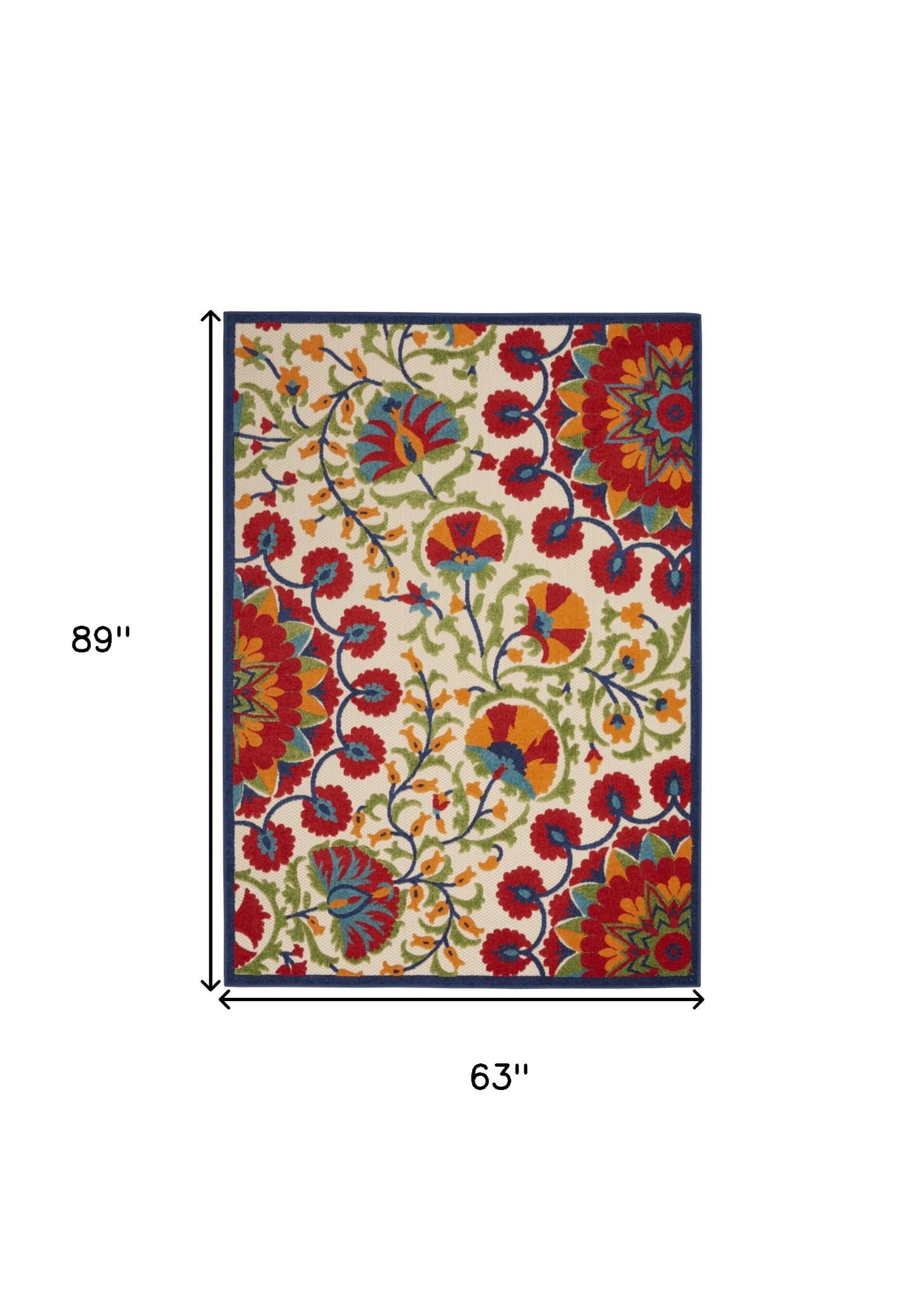 5' X 8' Red And Ivory Floral Indoor Outdoor Area Rug