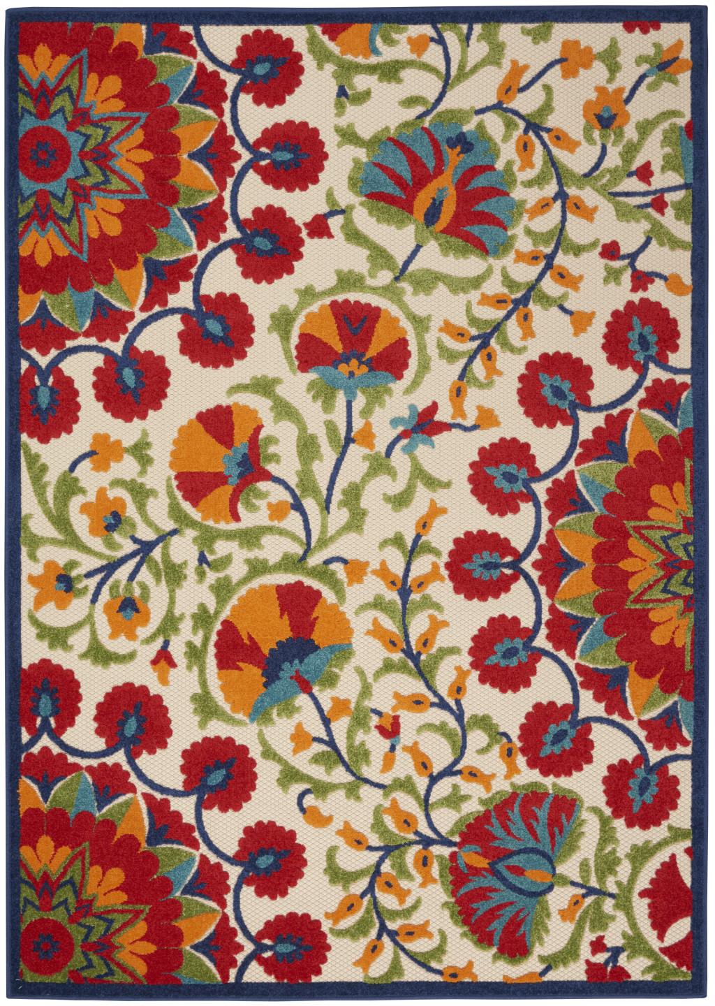 8' X 11' Red And Ivory Floral Indoor Outdoor Area Rug