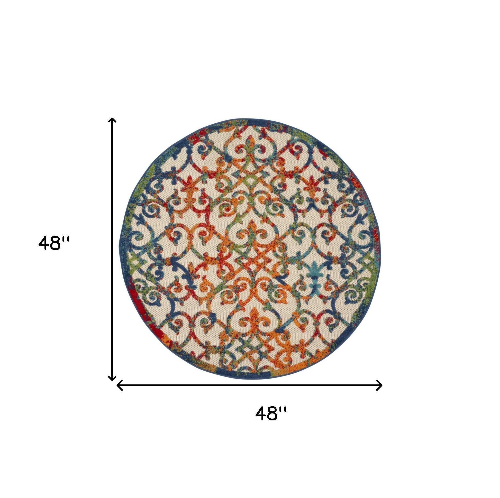 4' Ivory And Blue Round Indoor Outdoor Area Rug
