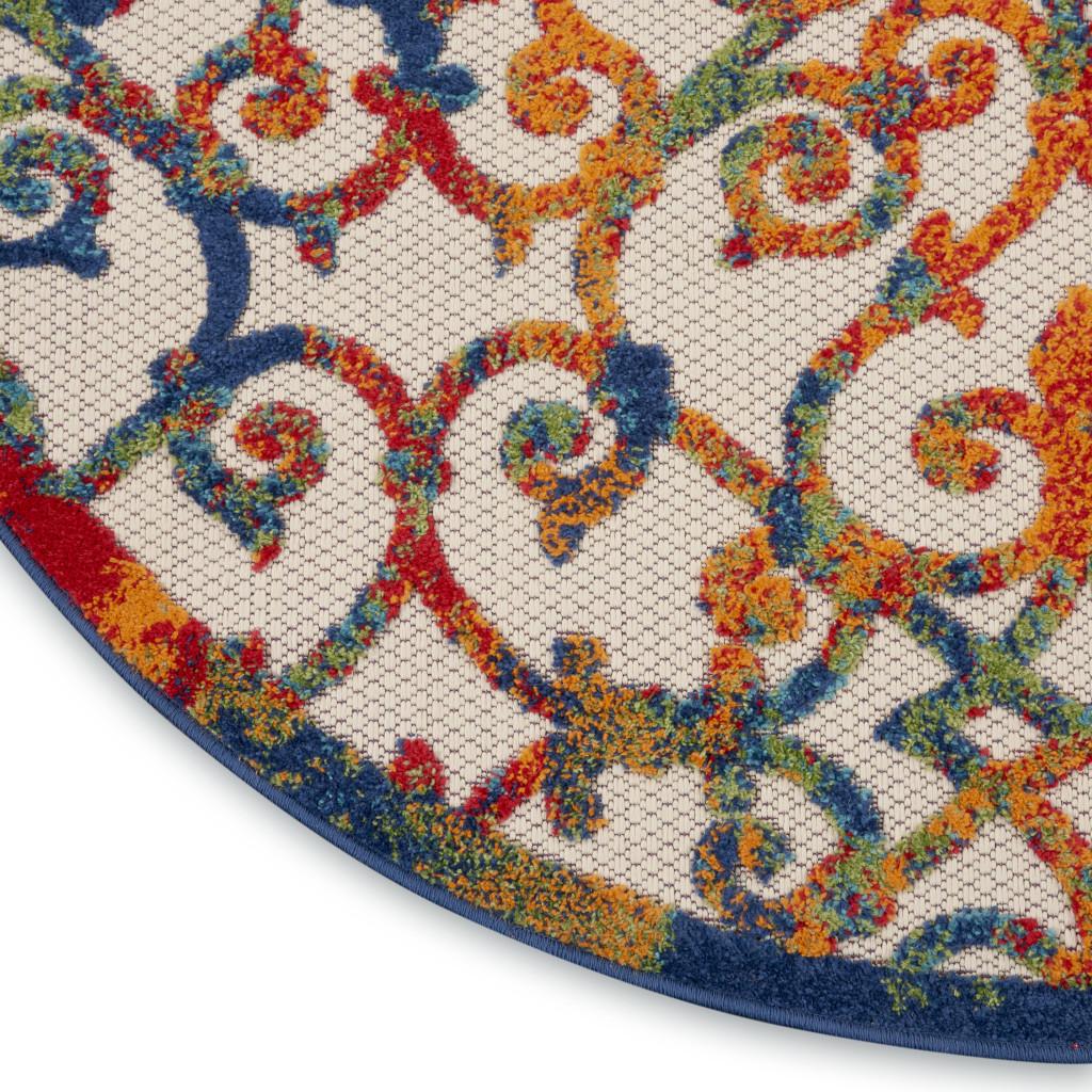 4' Ivory And Blue Round Indoor Outdoor Area Rug