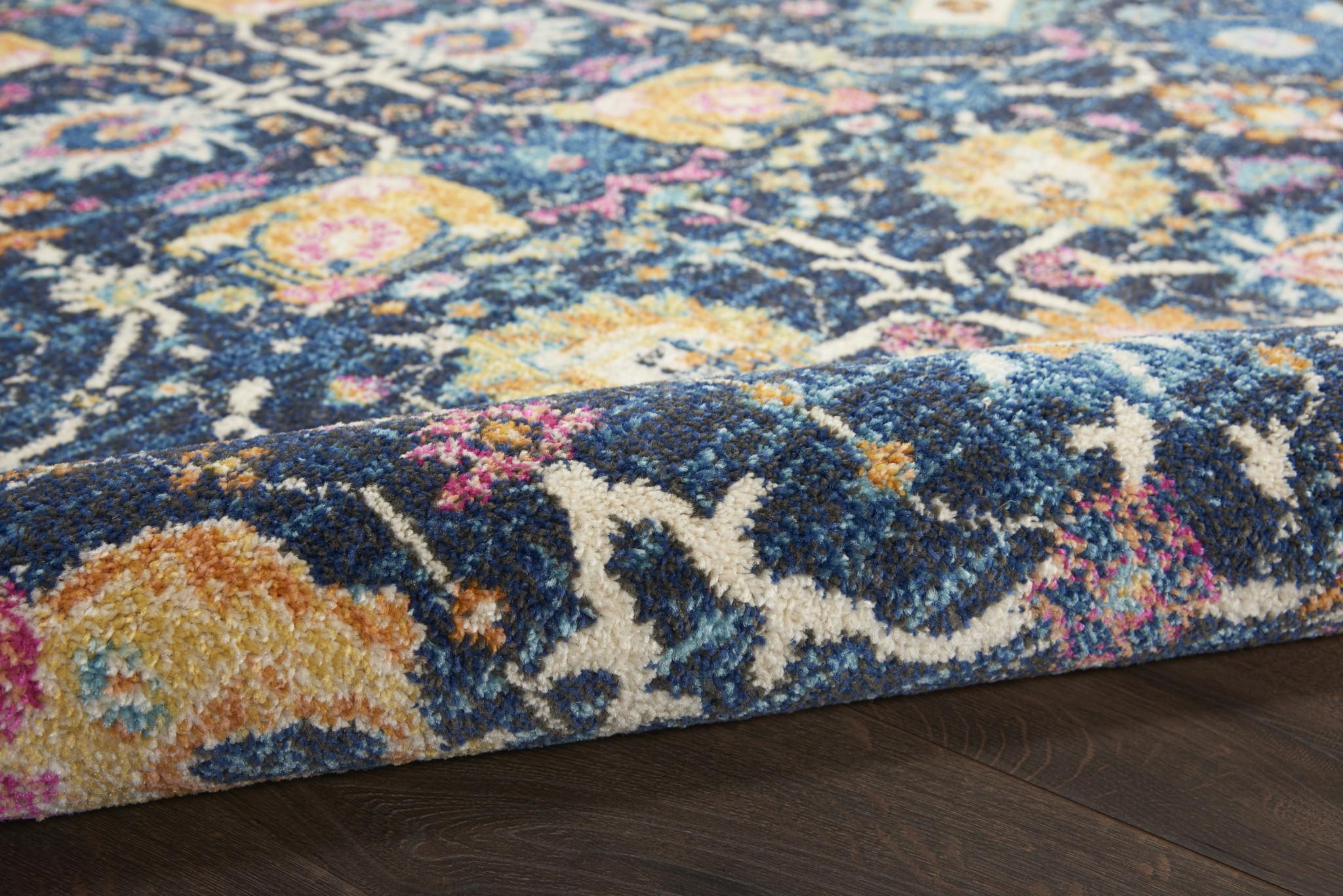 4' Navy Blue Yellow And Pink Floral Round Rug