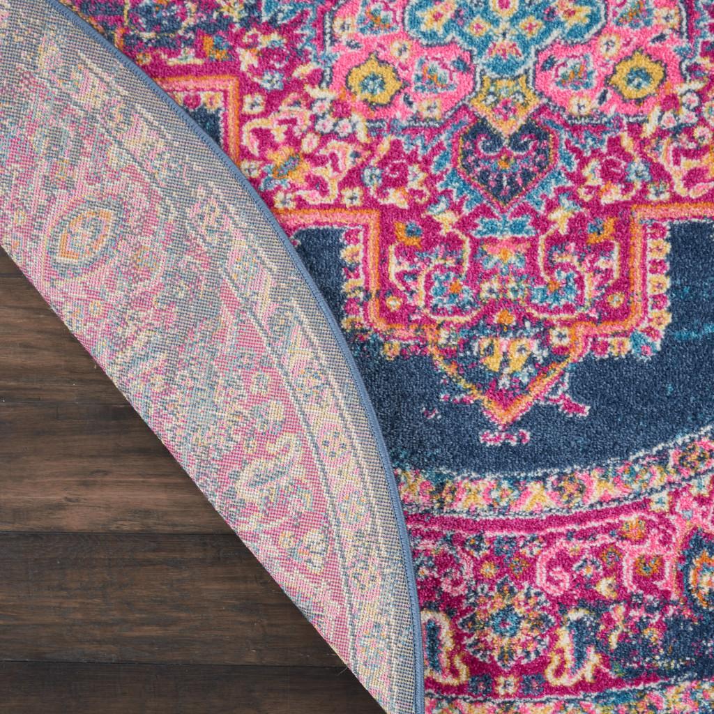 4' Blue And Pink Medallion Distressed Round Rug