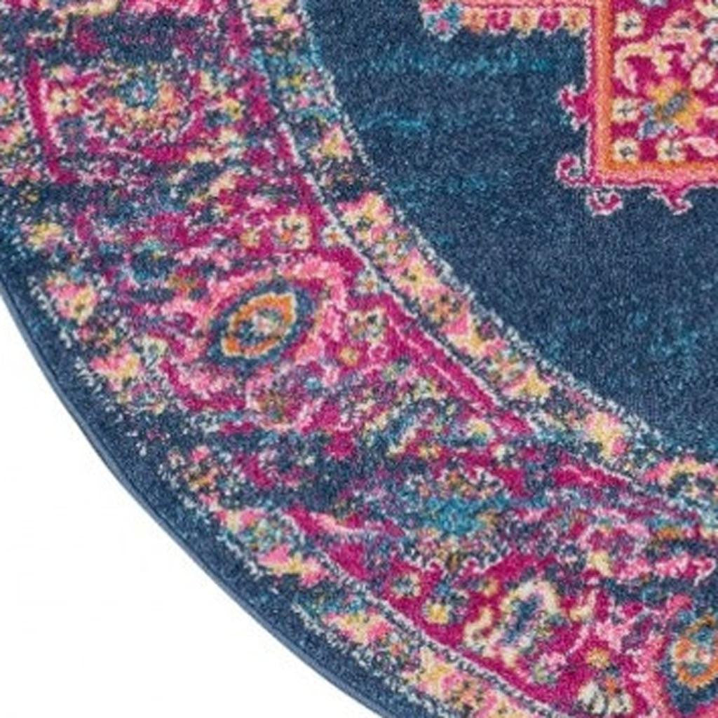 4' Blue And Pink Medallion Distressed Round Rug