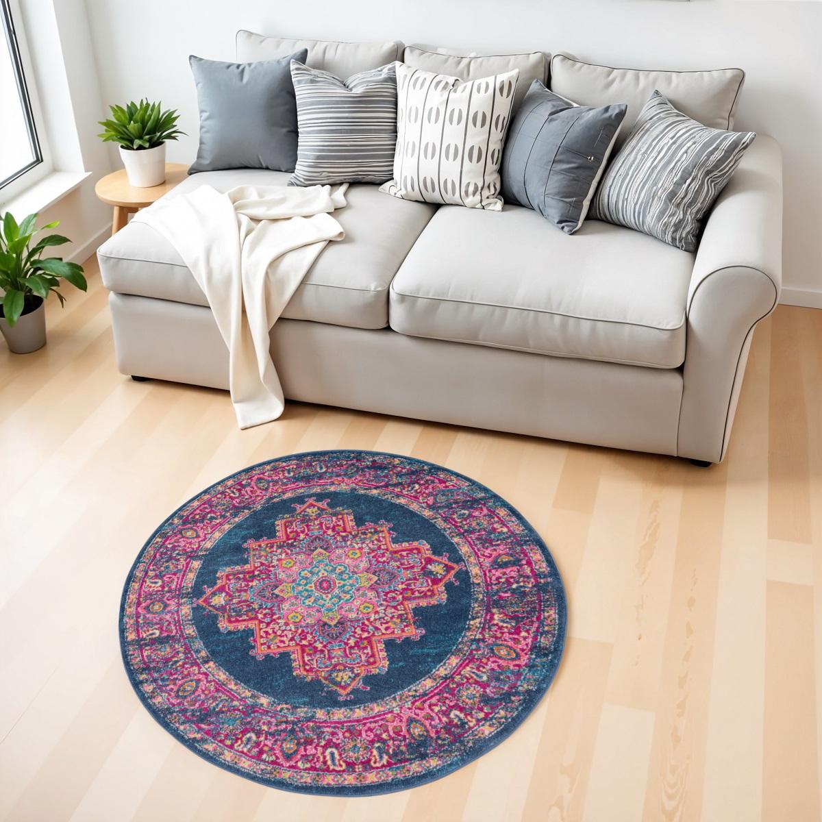 4' Blue And Pink Medallion Distressed Round Rug