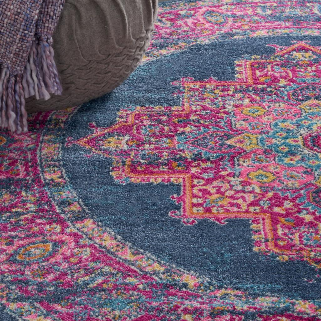 4' Blue And Pink Medallion Distressed Round Rug