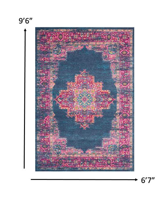7' X 10' Blue And Pink Medallion Distressed Area Rug