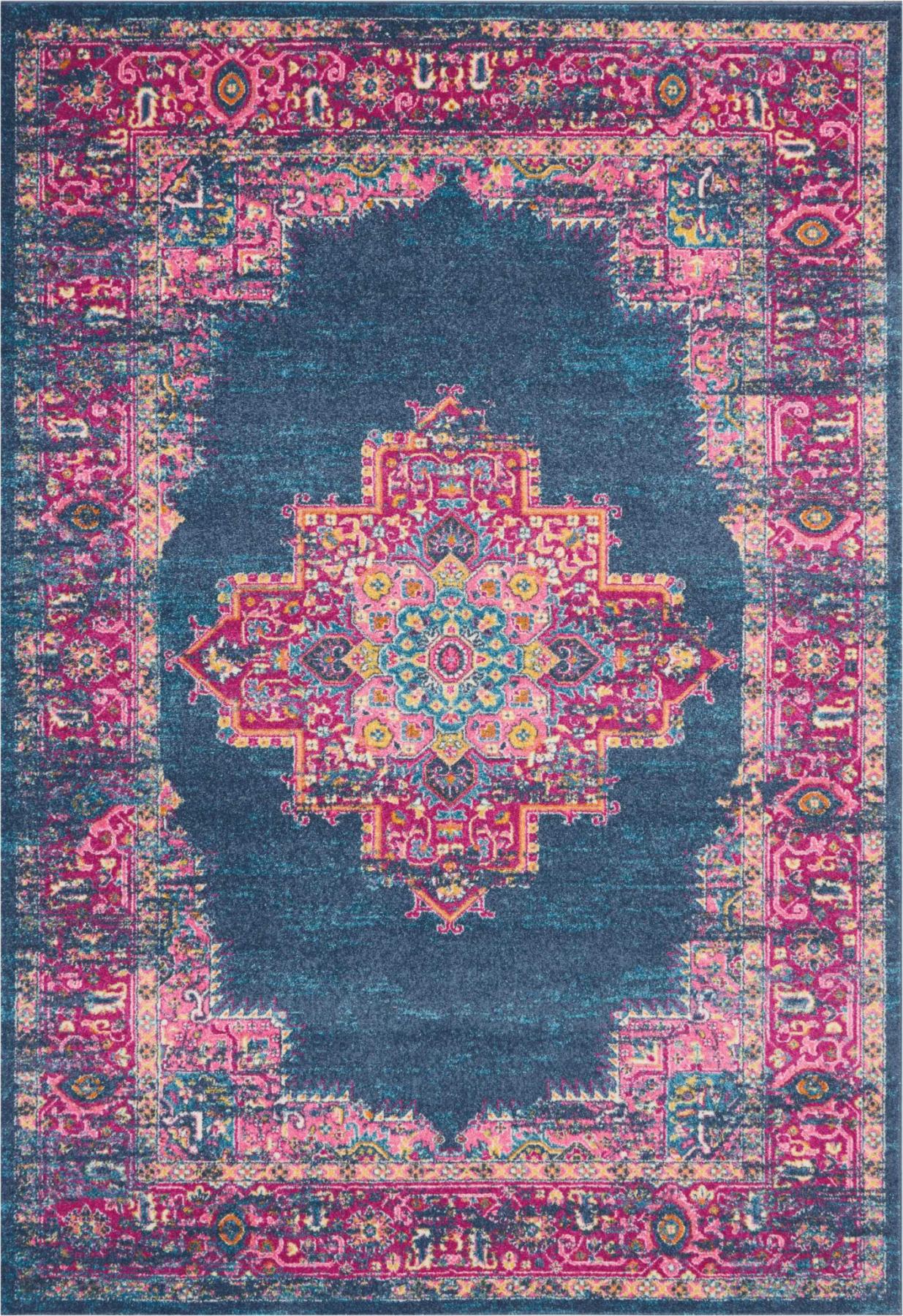 7' X 10' Blue And Pink Medallion Distressed Area Rug