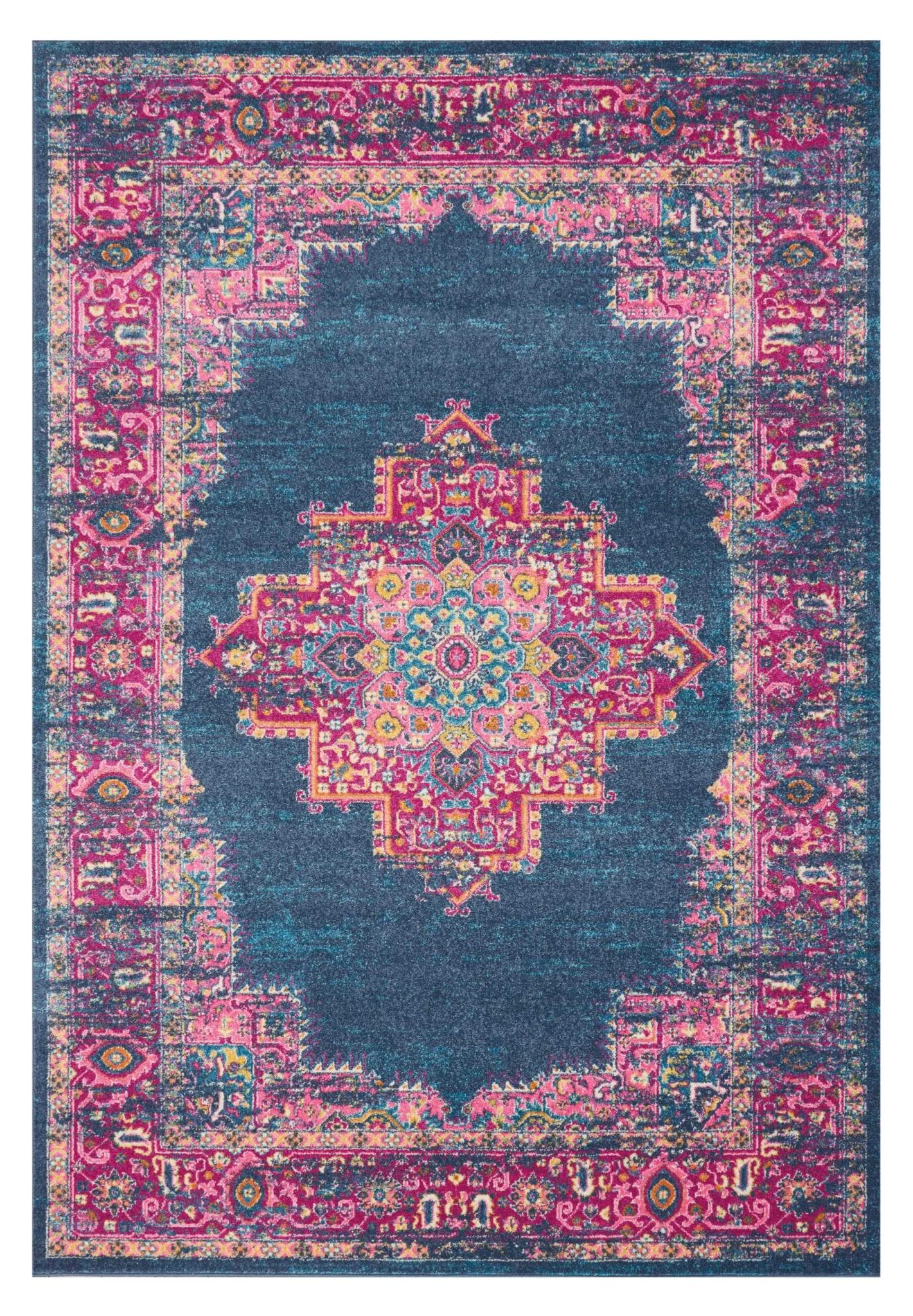 7' X 10' Blue And Pink Medallion Distressed Area Rug
