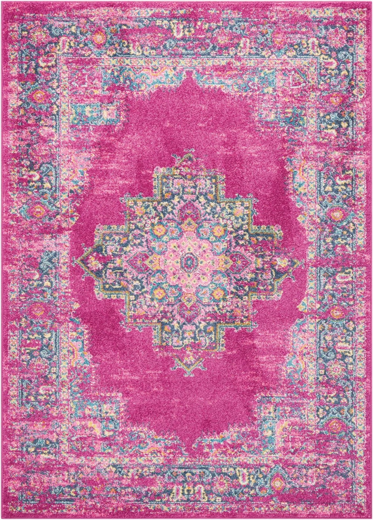 4' X 6' Fuchsia And Blue Oriental Distressed Area Rug
