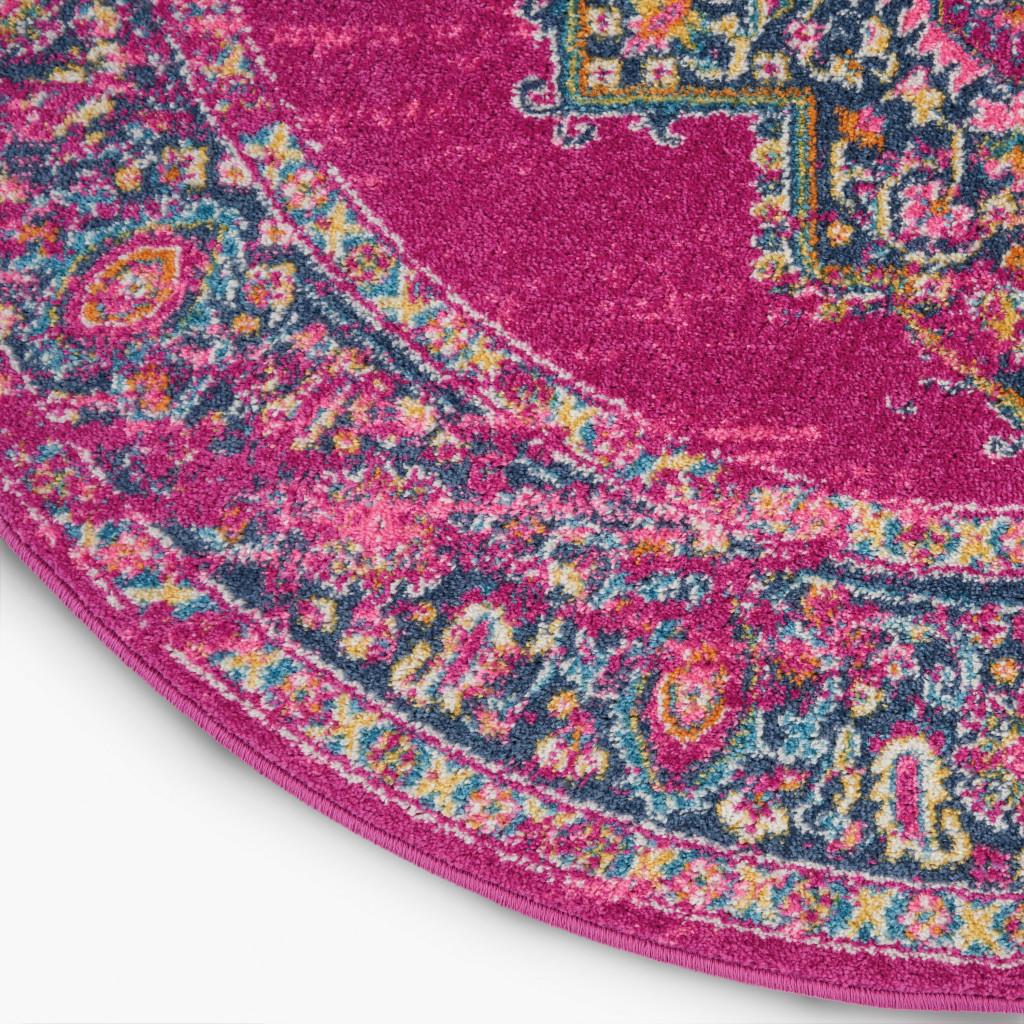 4' Fuchsia And Blue Oriental Distressed Round Rug