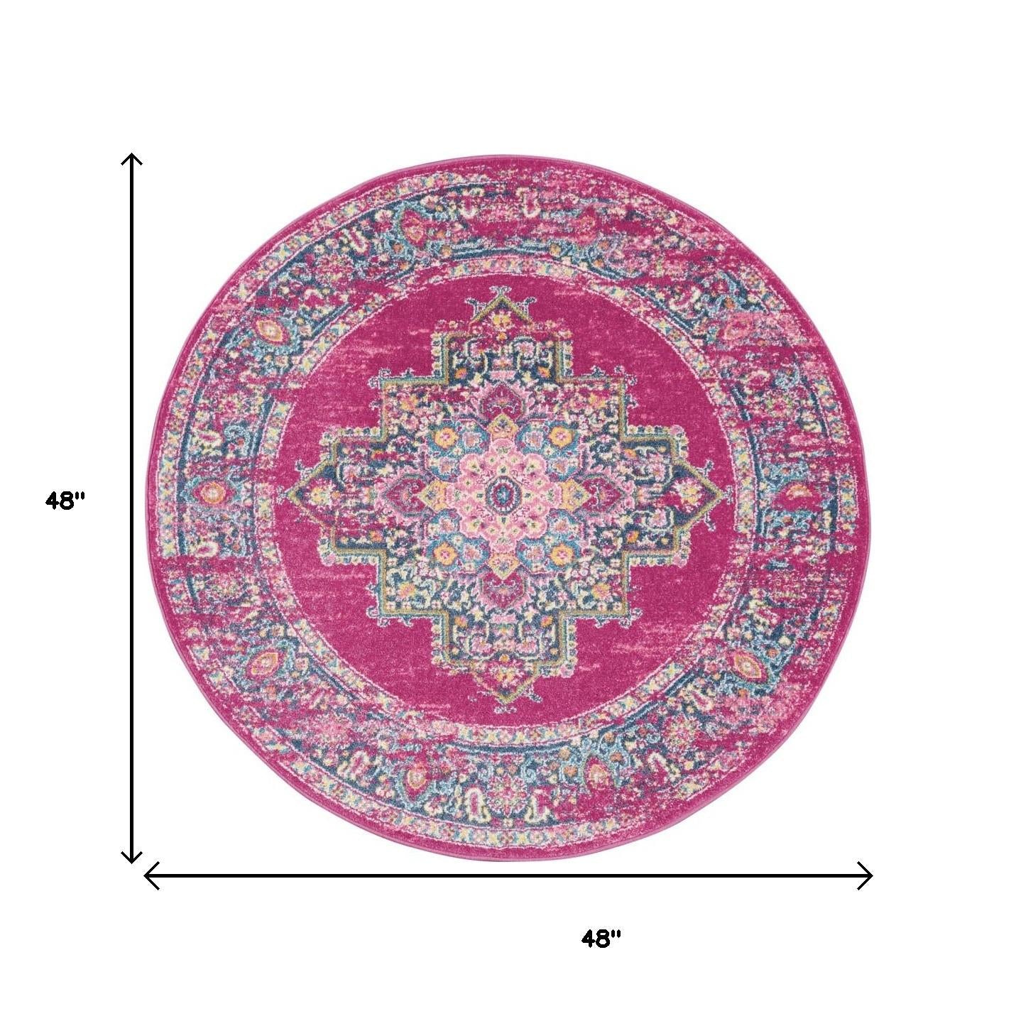 4' Fuchsia And Blue Oriental Distressed Round Rug