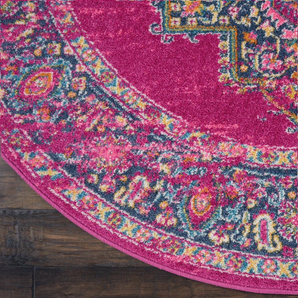 4' Fuchsia And Blue Oriental Distressed Round Rug