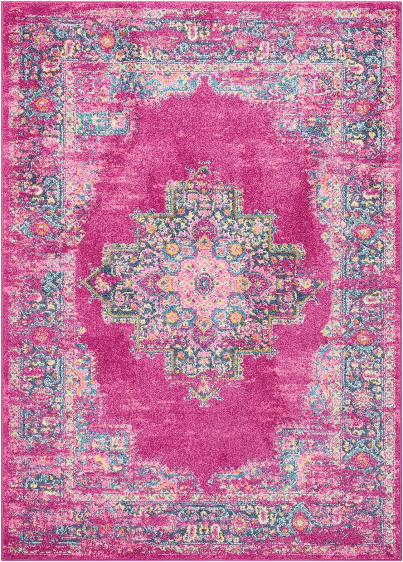 5' X 7' Fuchsia And Blue Oriental Distressed Area Rug