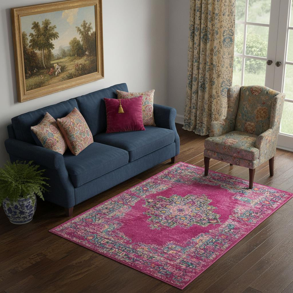 5' X 7' Fuchsia And Blue Oriental Distressed Area Rug