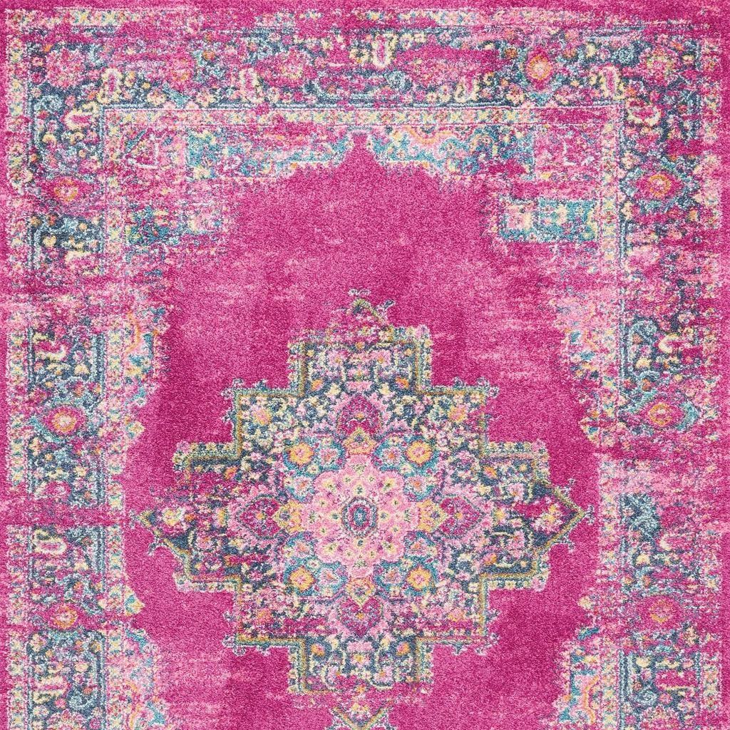 7' X 10' Fuchsia And Blue Oriental Distressed Area Rug