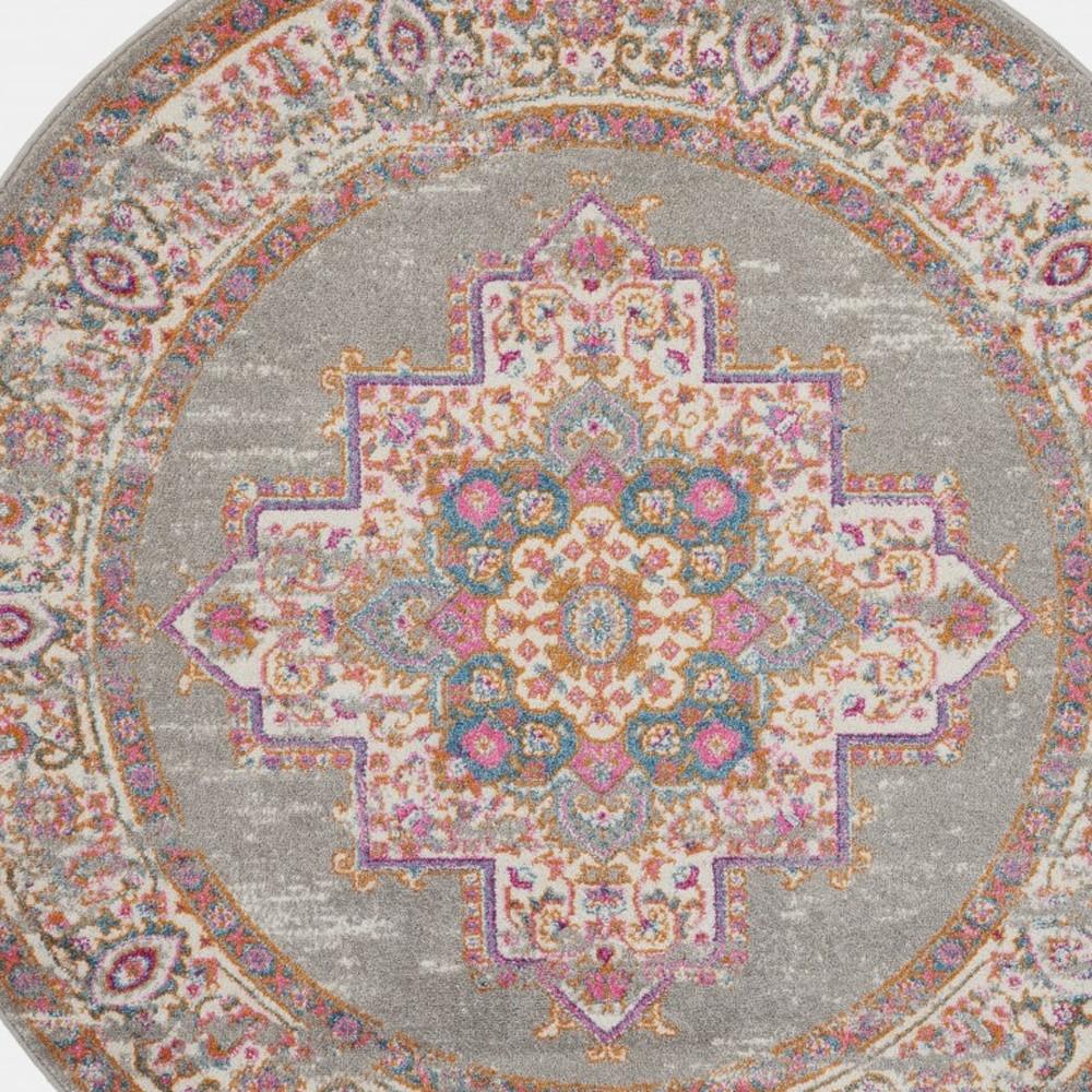 4' Gray And Gold Medallion Distressed Round Rug