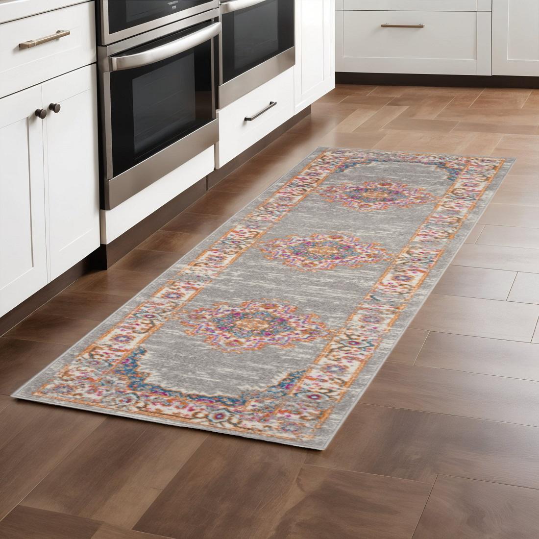 8' Gray And Gold Medallion Distressed Runner Rug