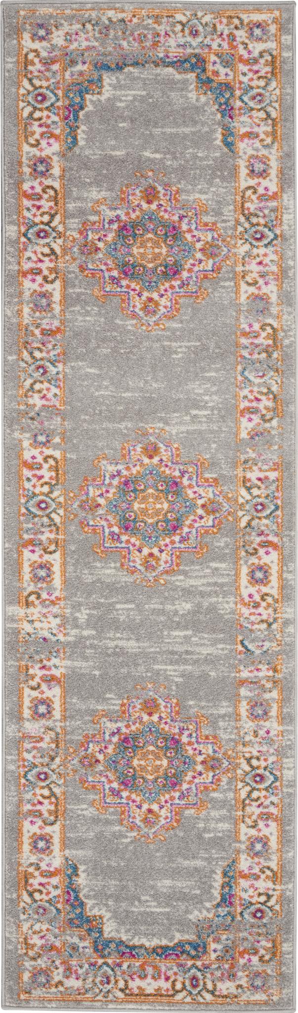 8' Gray And Gold Medallion Distressed Runner Rug