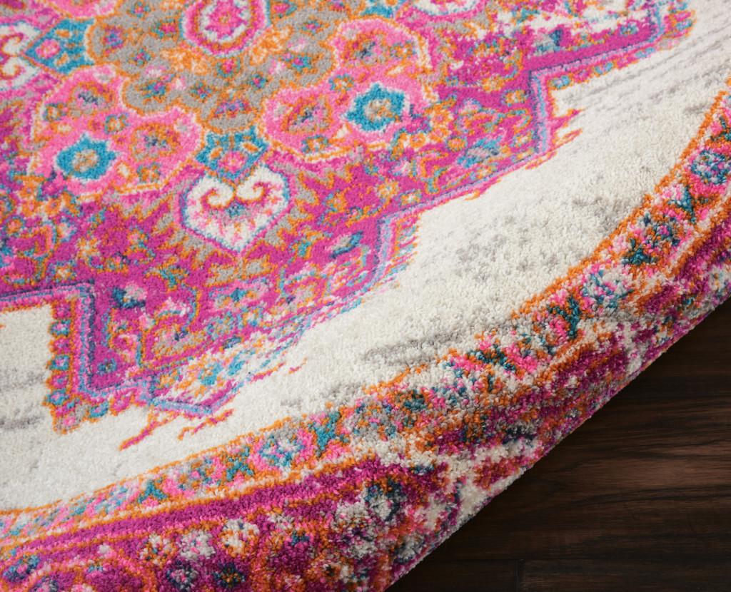 4' Ivory And Fuchsia Oriental Distressed Round Rug