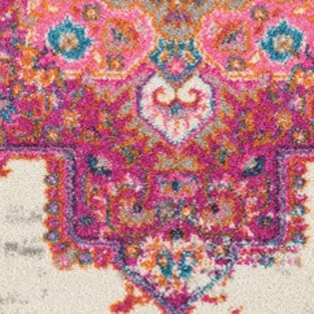 4' Ivory And Fuchsia Oriental Distressed Round Rug