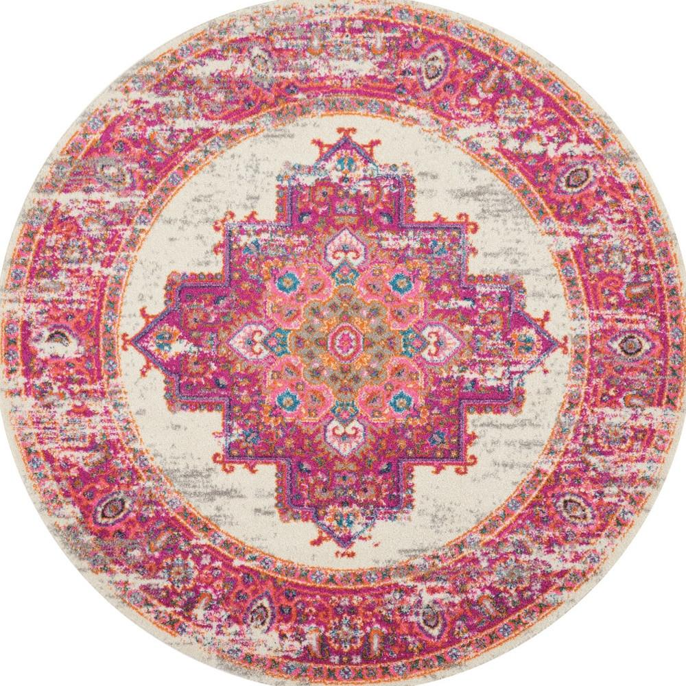 4' Ivory And Fuchsia Oriental Distressed Round Rug