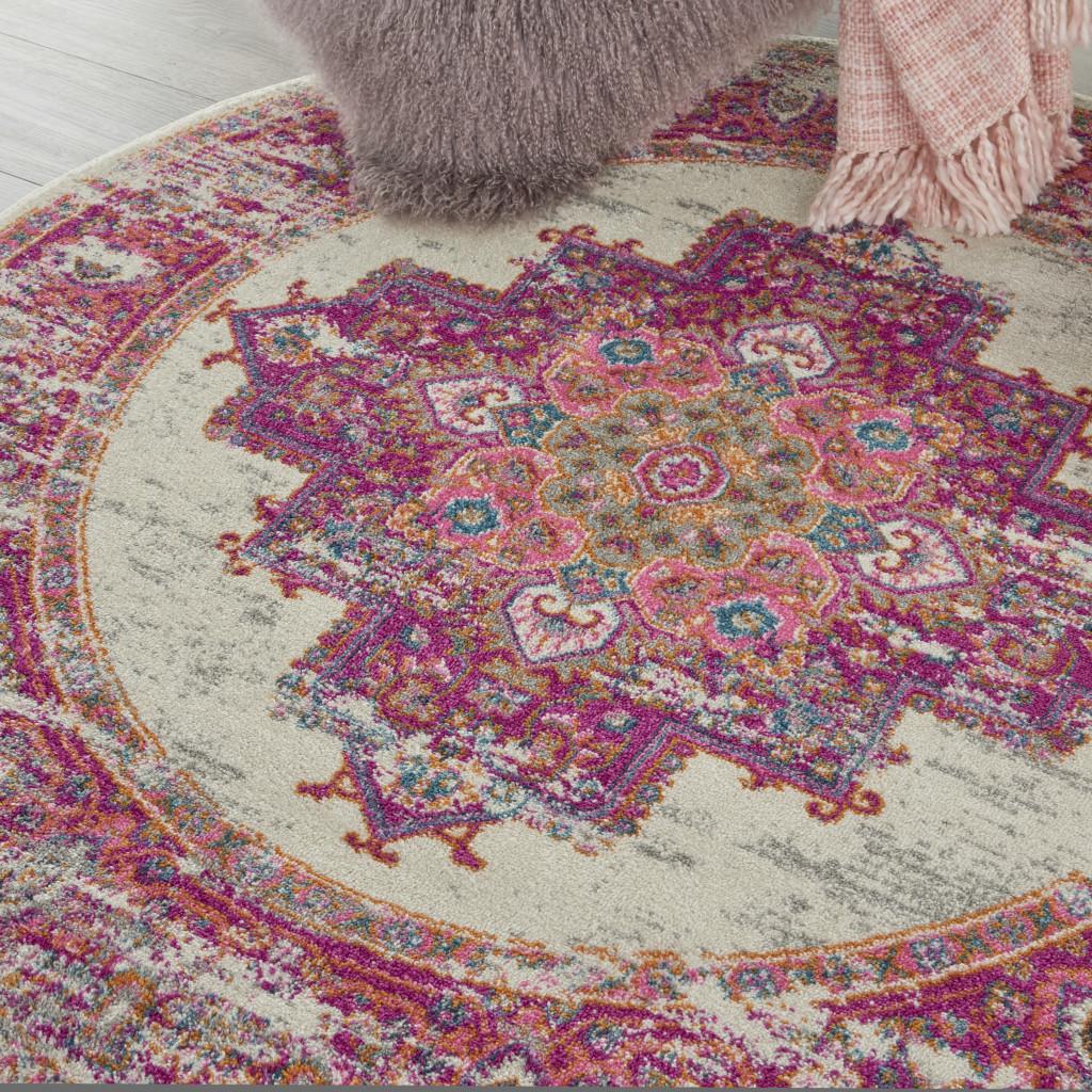 4' Ivory And Fuchsia Oriental Distressed Round Rug