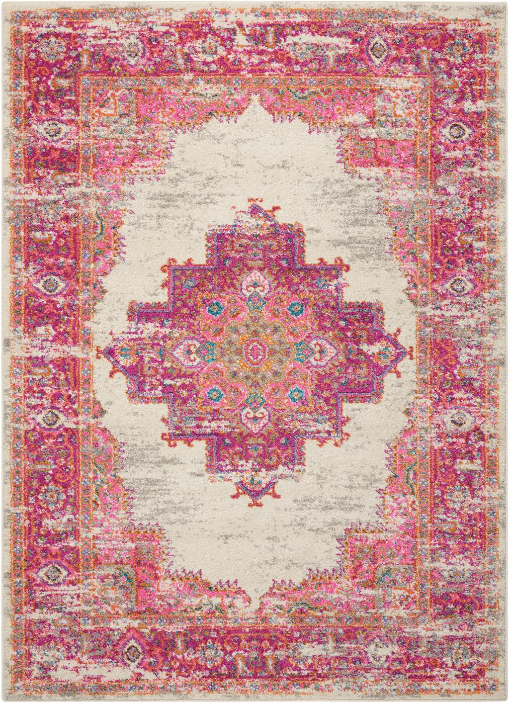 5' X 7' Ivory And Fuchsia Oriental Distressed Area Rug