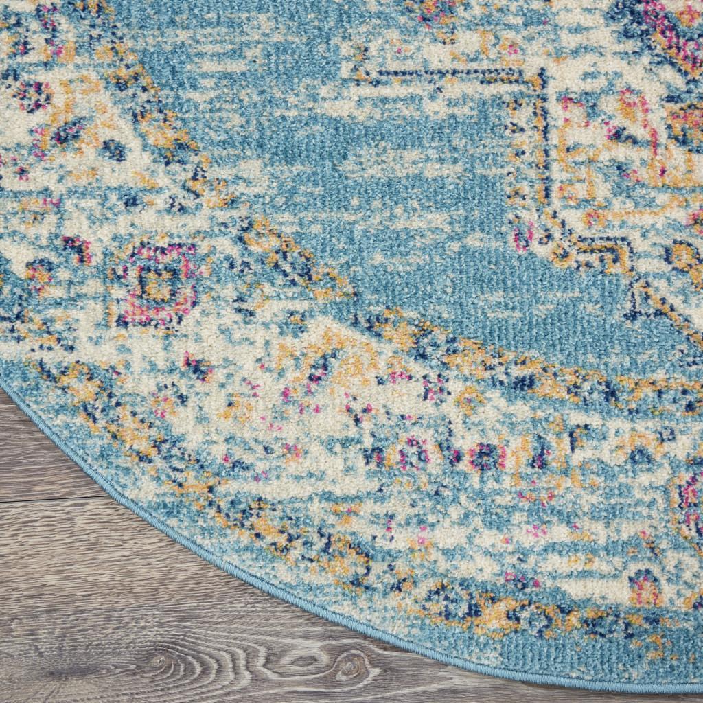 4' Blue And Ivory Southwestern Distressed Round Rug