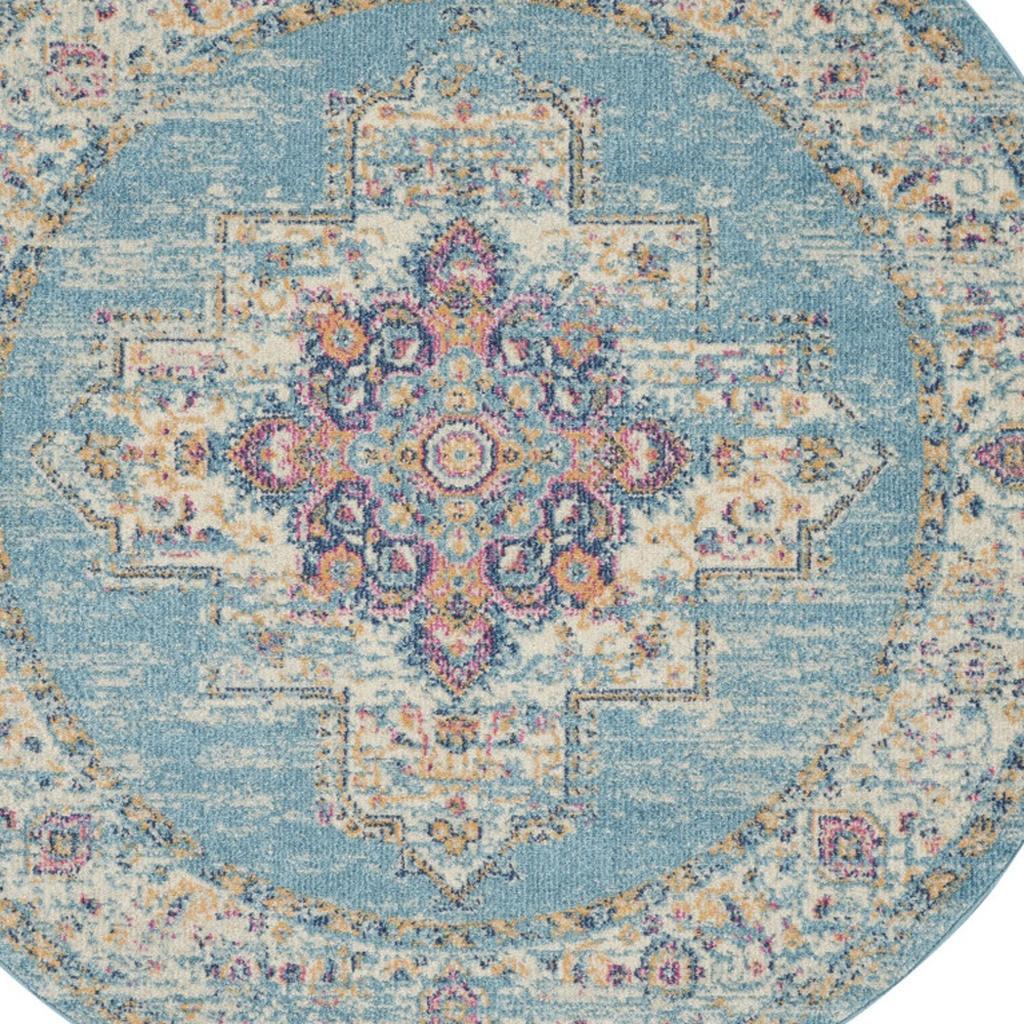 4' Blue And Ivory Southwestern Distressed Round Rug