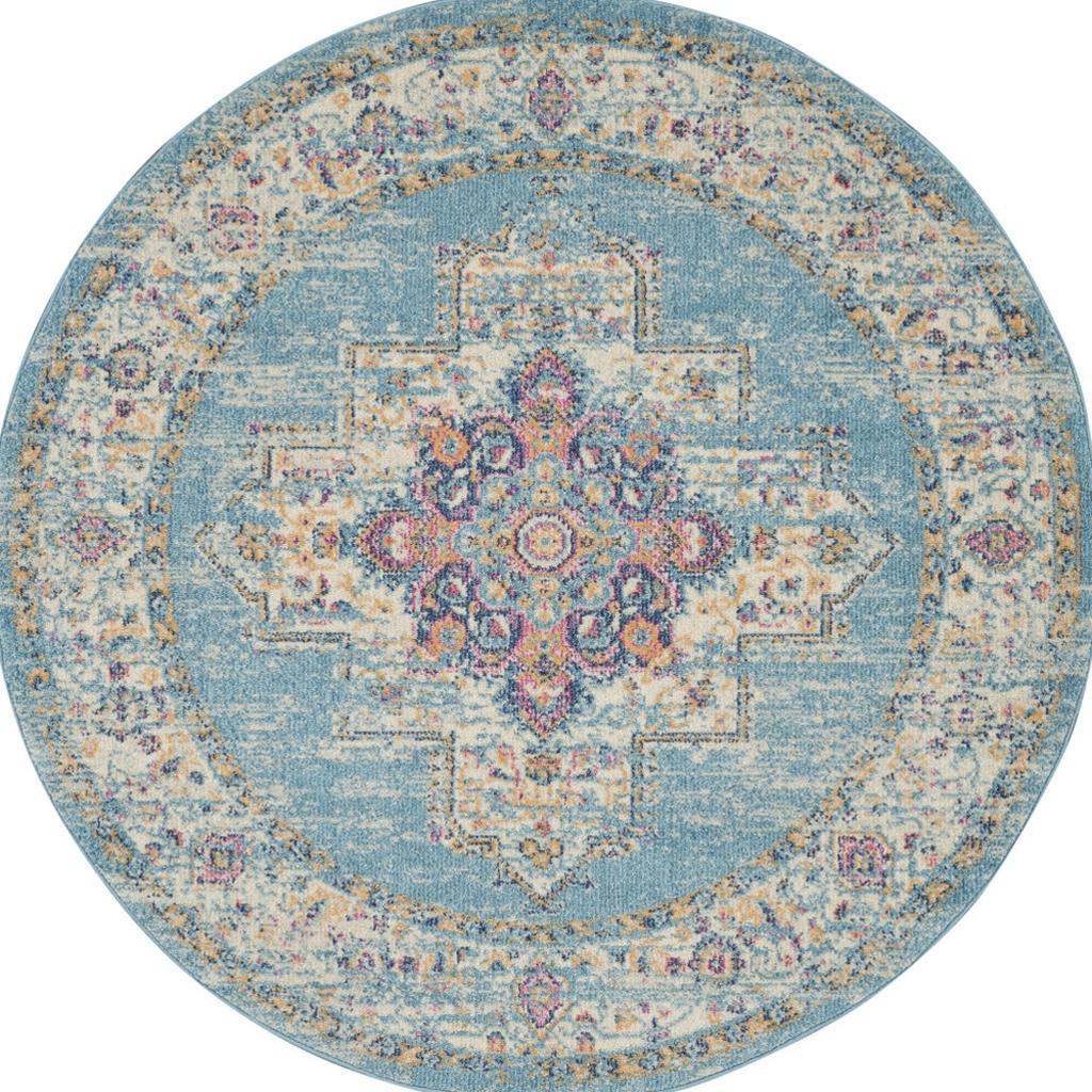 4' Blue And Ivory Southwestern Distressed Round Rug