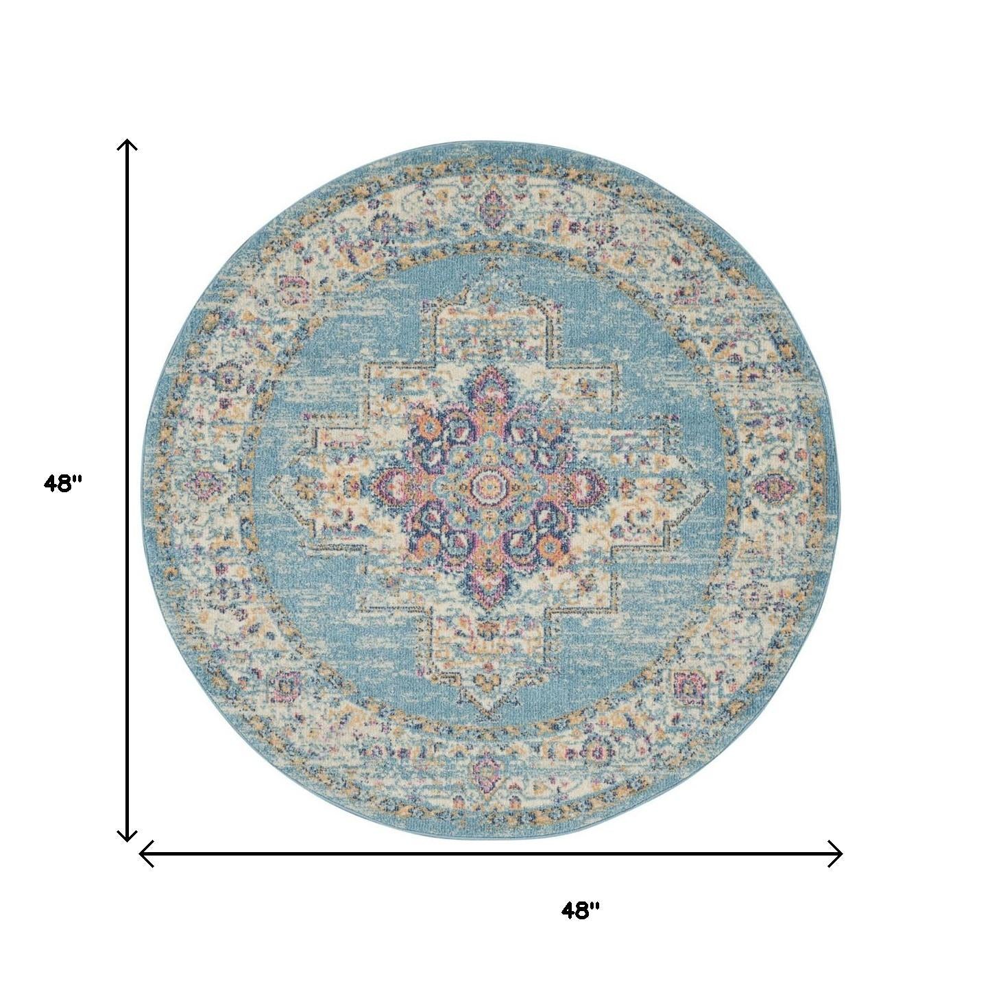 4' Blue And Ivory Southwestern Distressed Round Rug