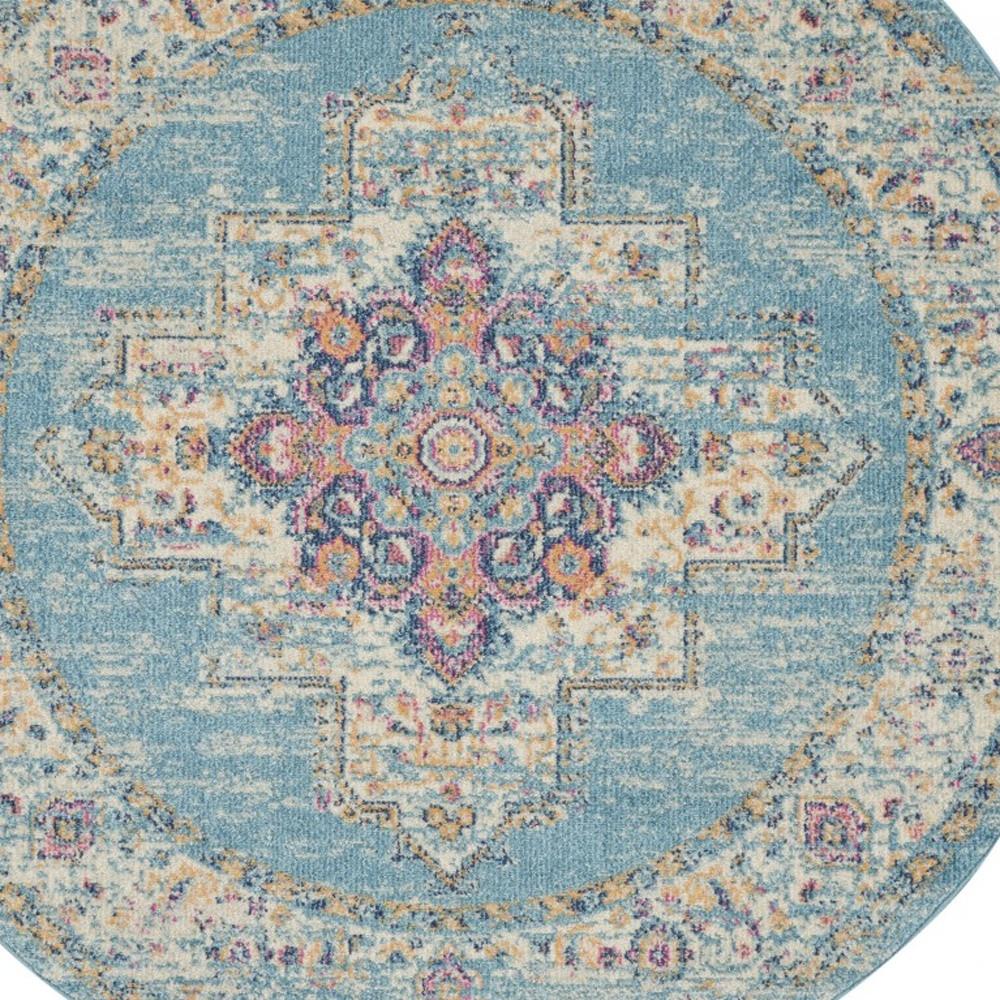 4' Blue And Ivory Southwestern Distressed Round Rug