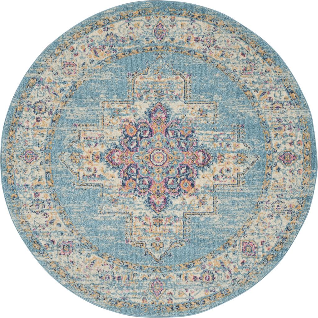 4' Blue And Ivory Southwestern Distressed Round Rug