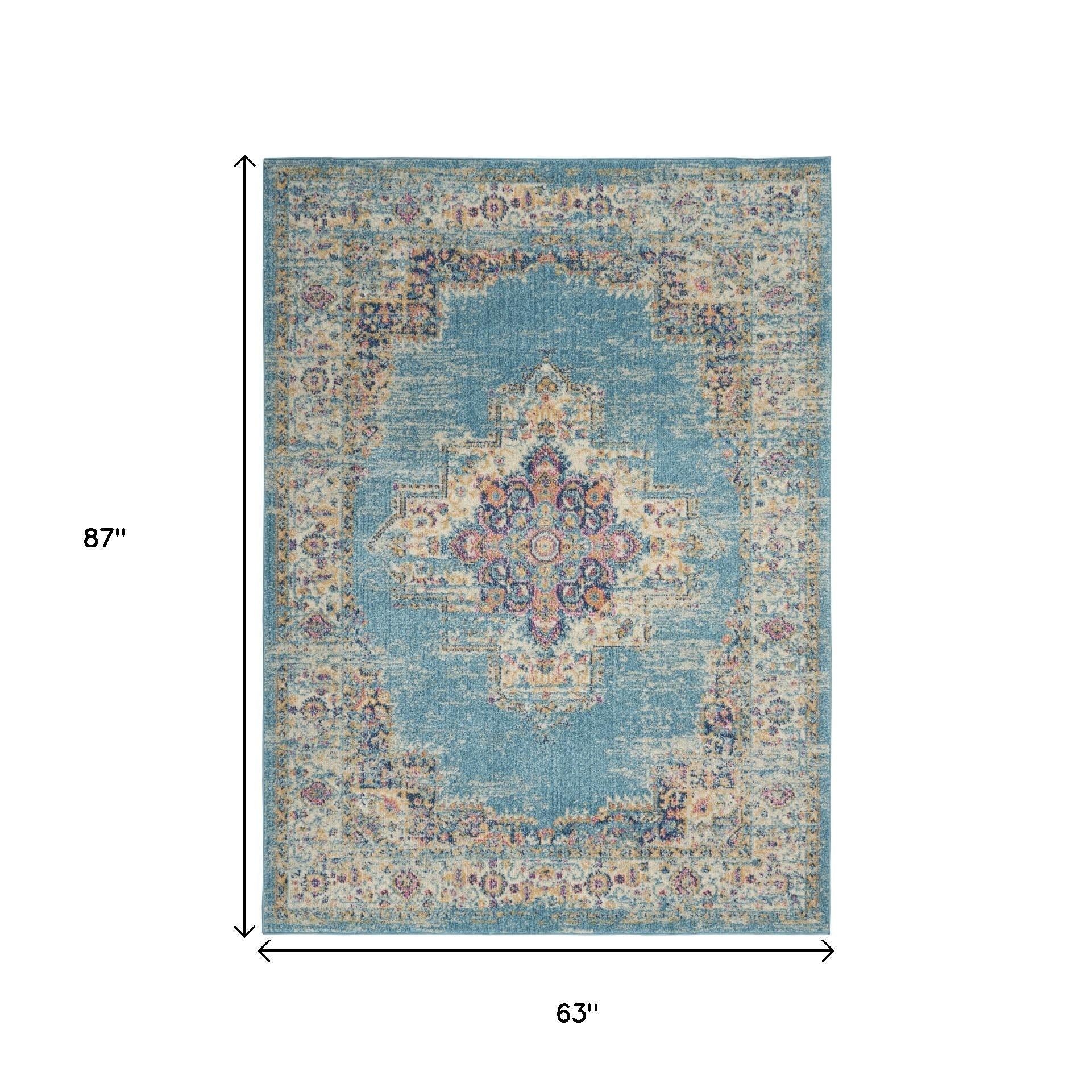 5' X 7' Blue And Ivory Southwestern Distressed Area Rug