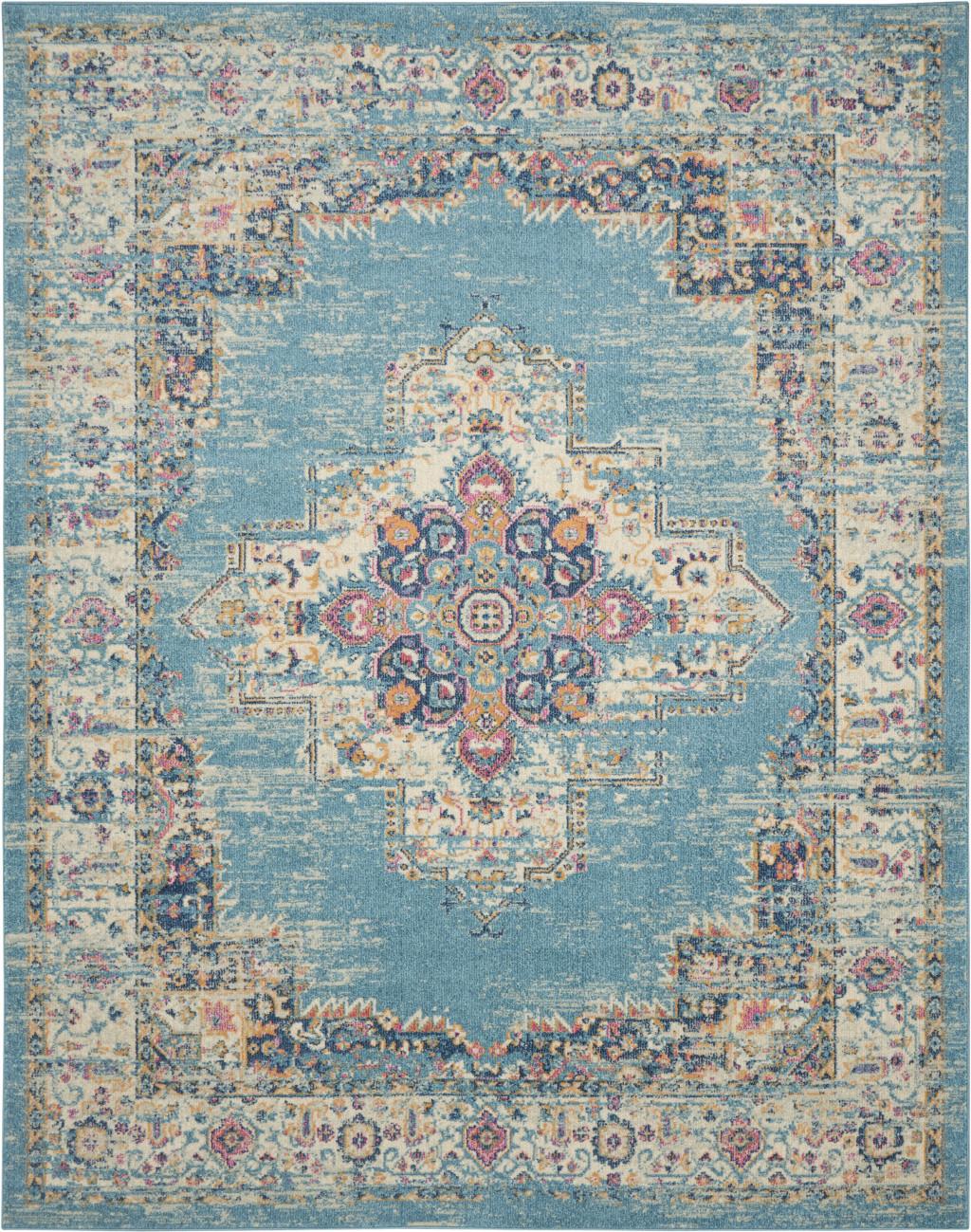 8' X 10' Blue And Ivory Southwestern Distressed Area Rug