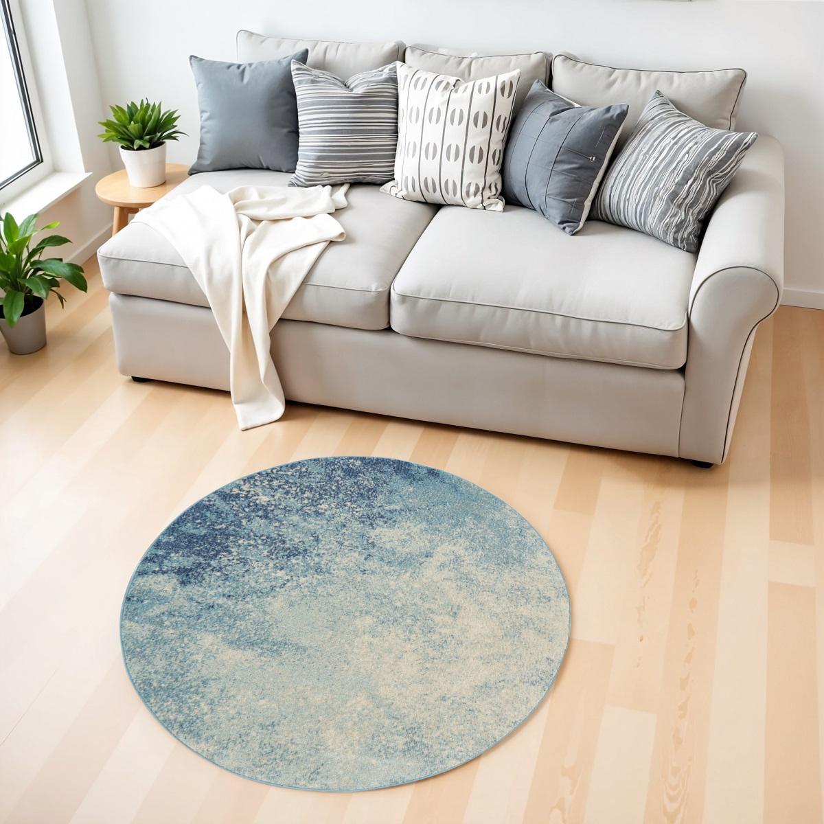 4' Blue And Ivory Abstract Round Rug