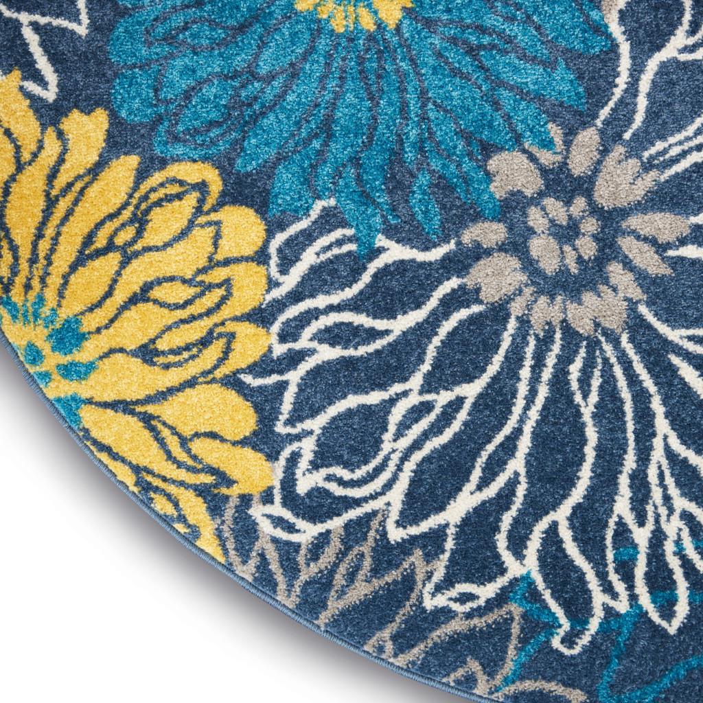 4' Blue And Gold Floral Round Rug