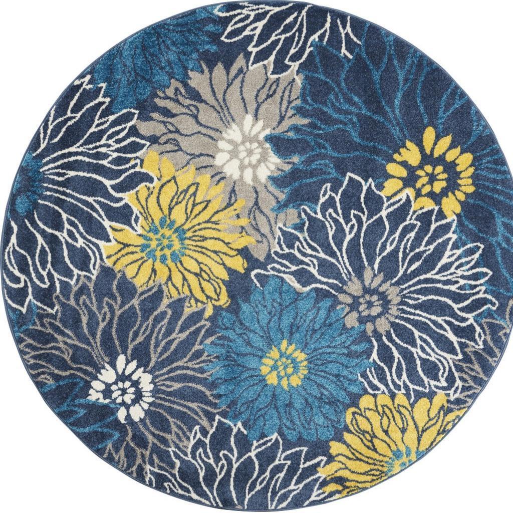 4' Blue And Gold Floral Round Rug