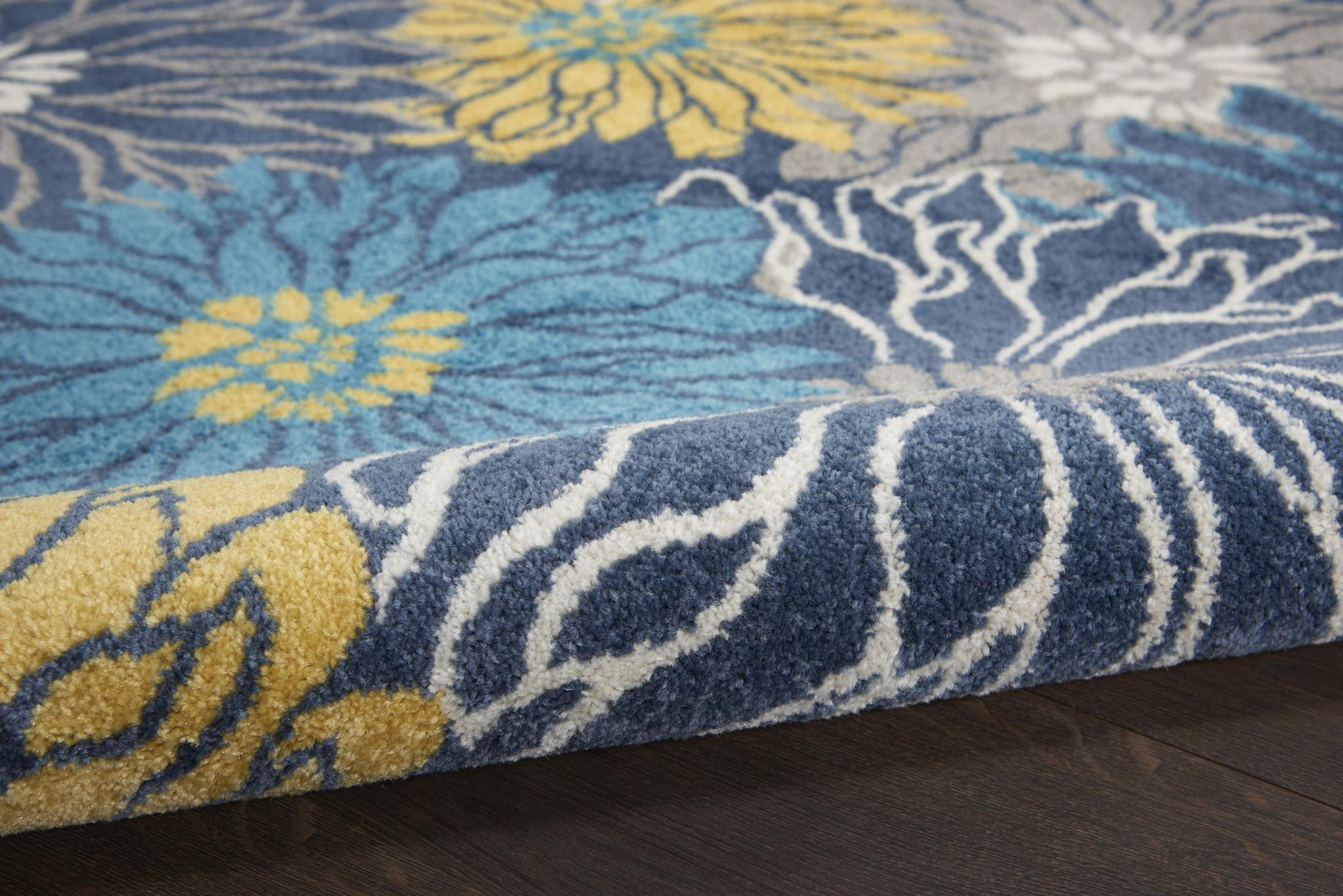 8' Blue And Gold Floral Round Rug