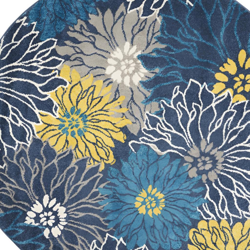 8' Blue And Gold Floral Round Rug