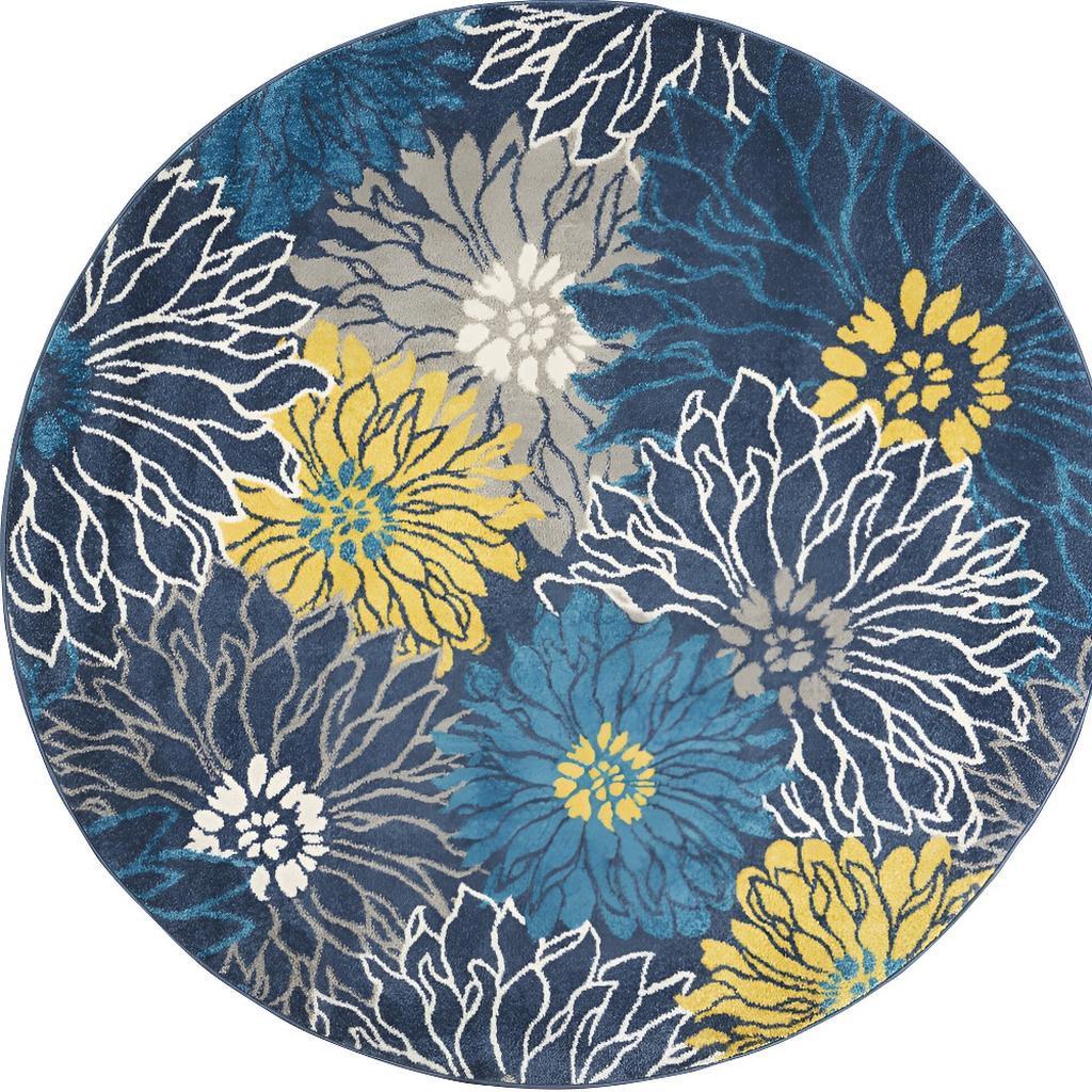 8' Blue And Gold Floral Round Rug