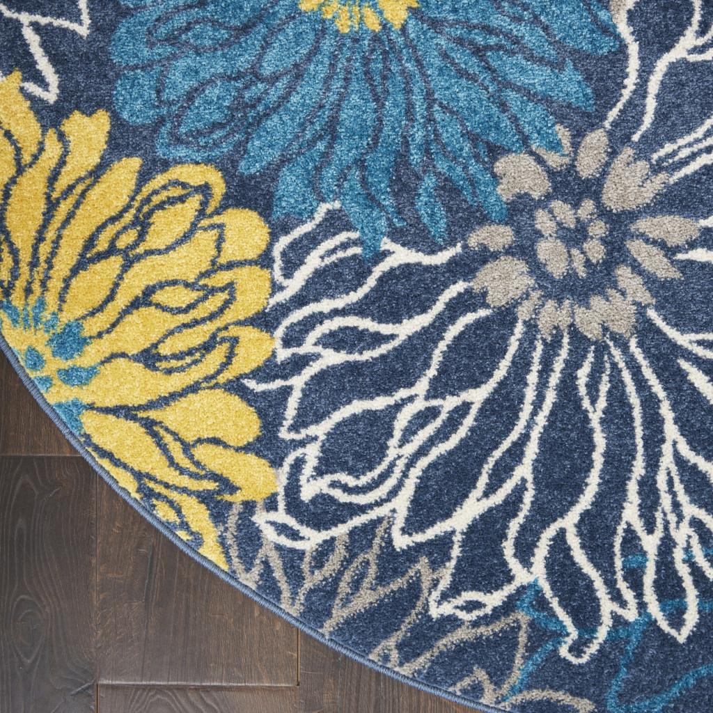 8' Blue And Gold Floral Round Rug