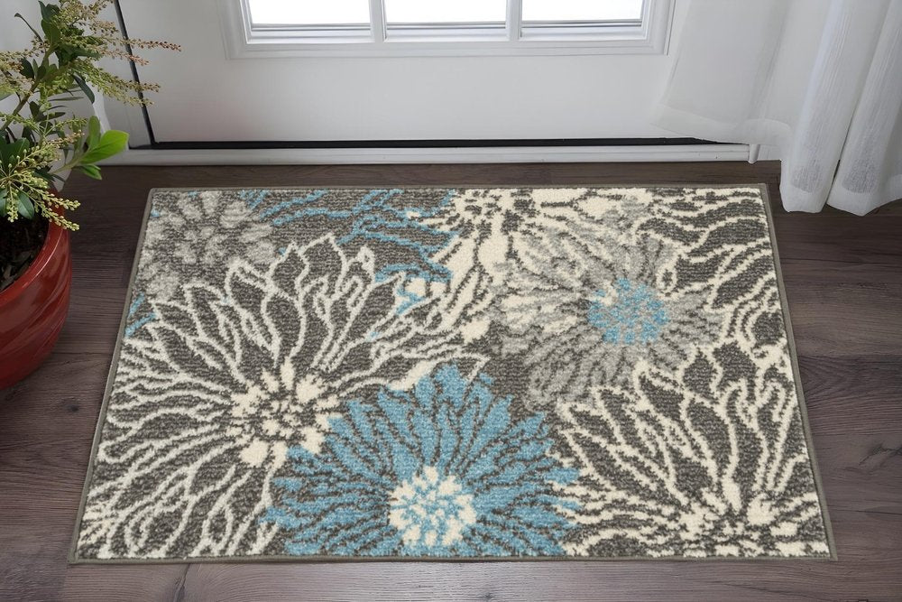 2' X 3' Blue And Gray Floral Area Rug